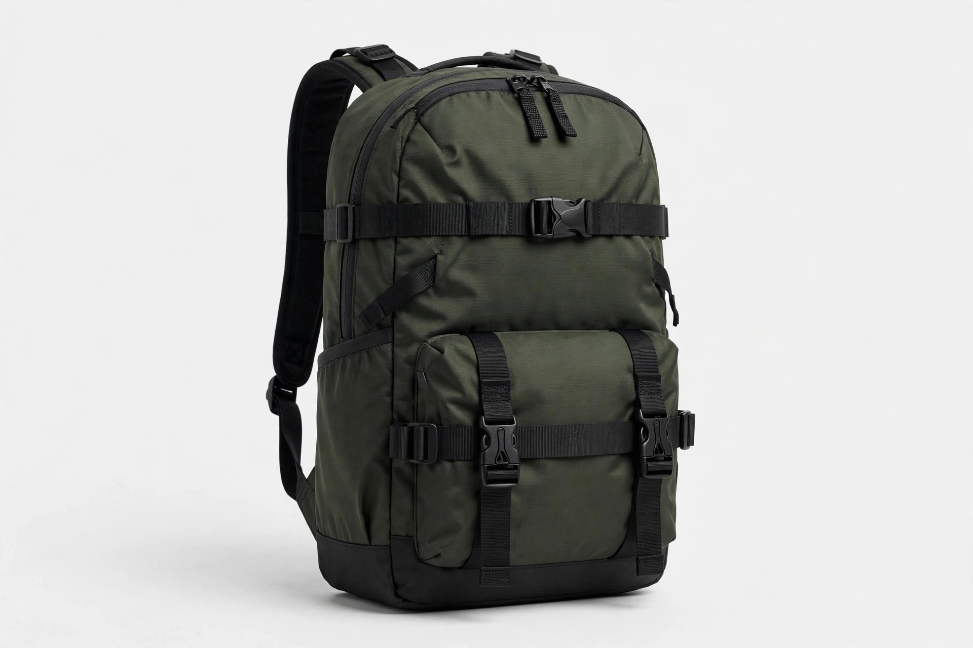 Outdoor backpack using black side-release buckles, webbing adjusters and strap hardware