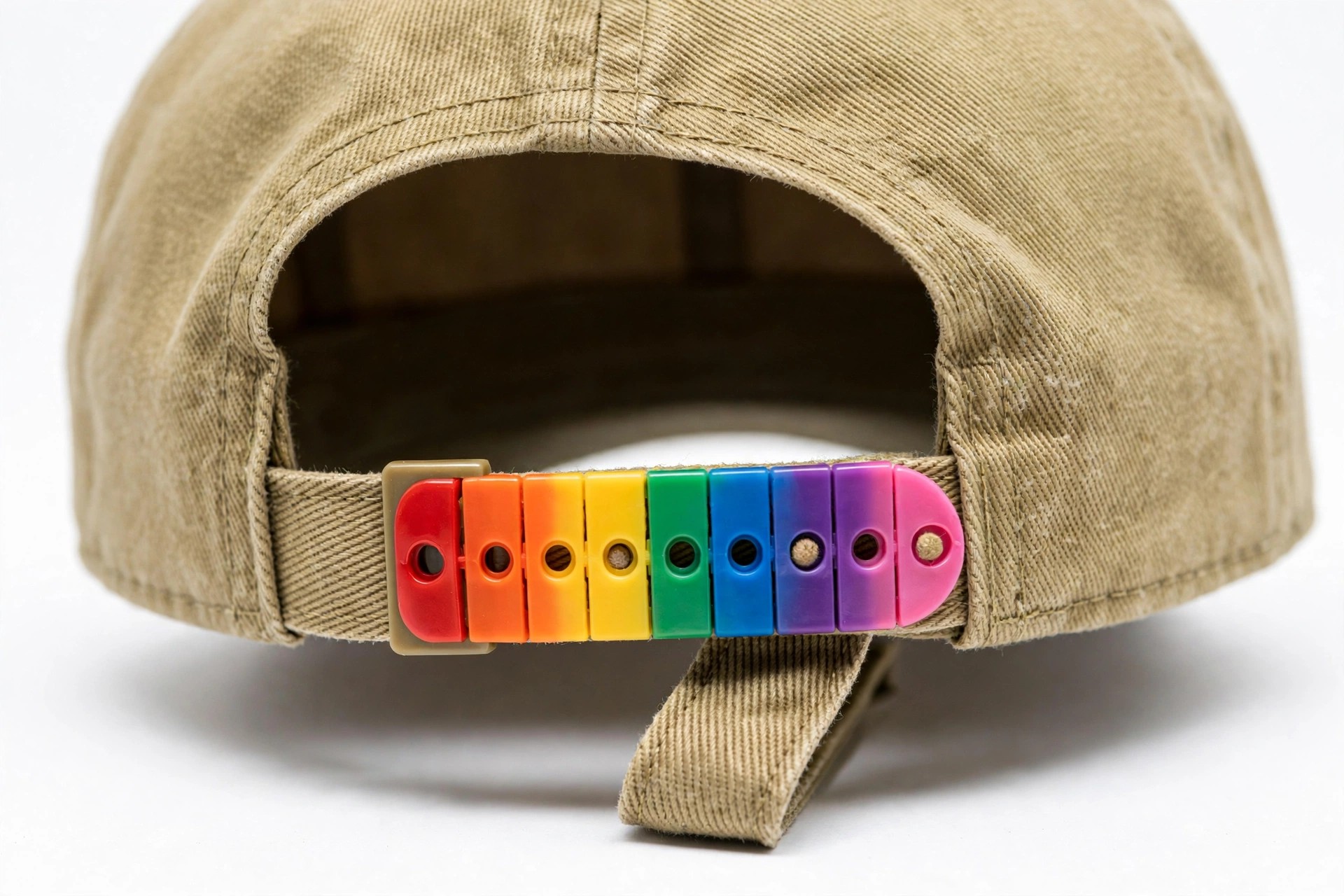 Seven-hole adjustment buckle fitted to the back strap of a baseball cap