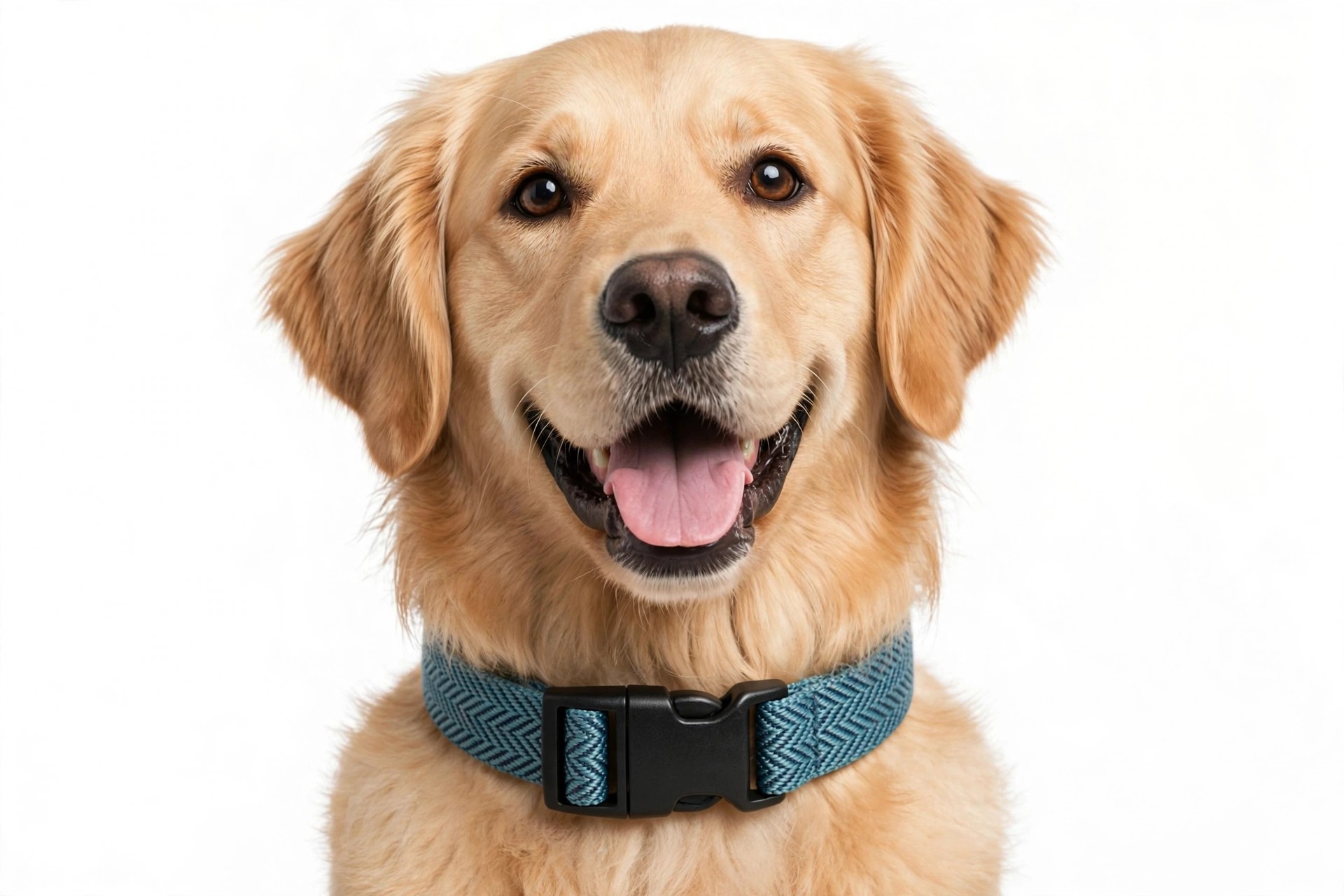 Golden retriever wearing a woven collar secured with a black side-release buckle