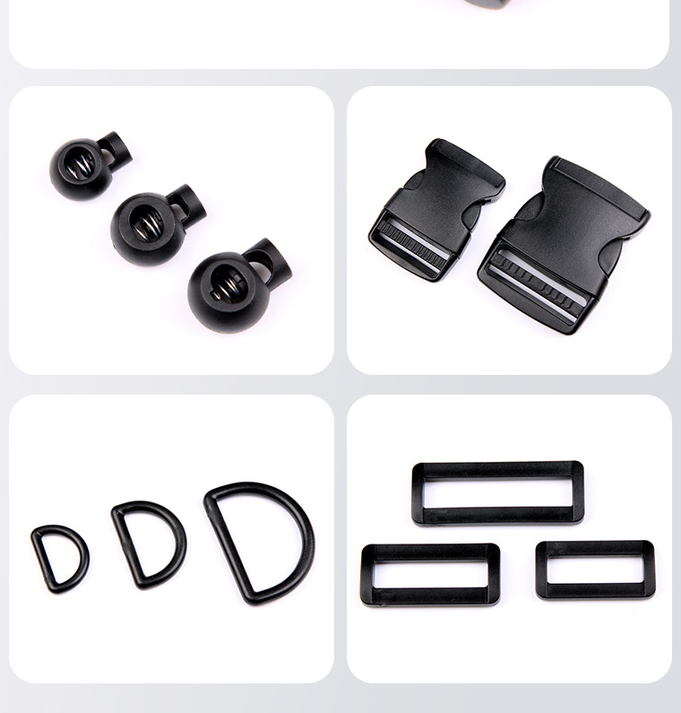 Assorted cord locks, side-release buckles, D-rings and rectangular loops