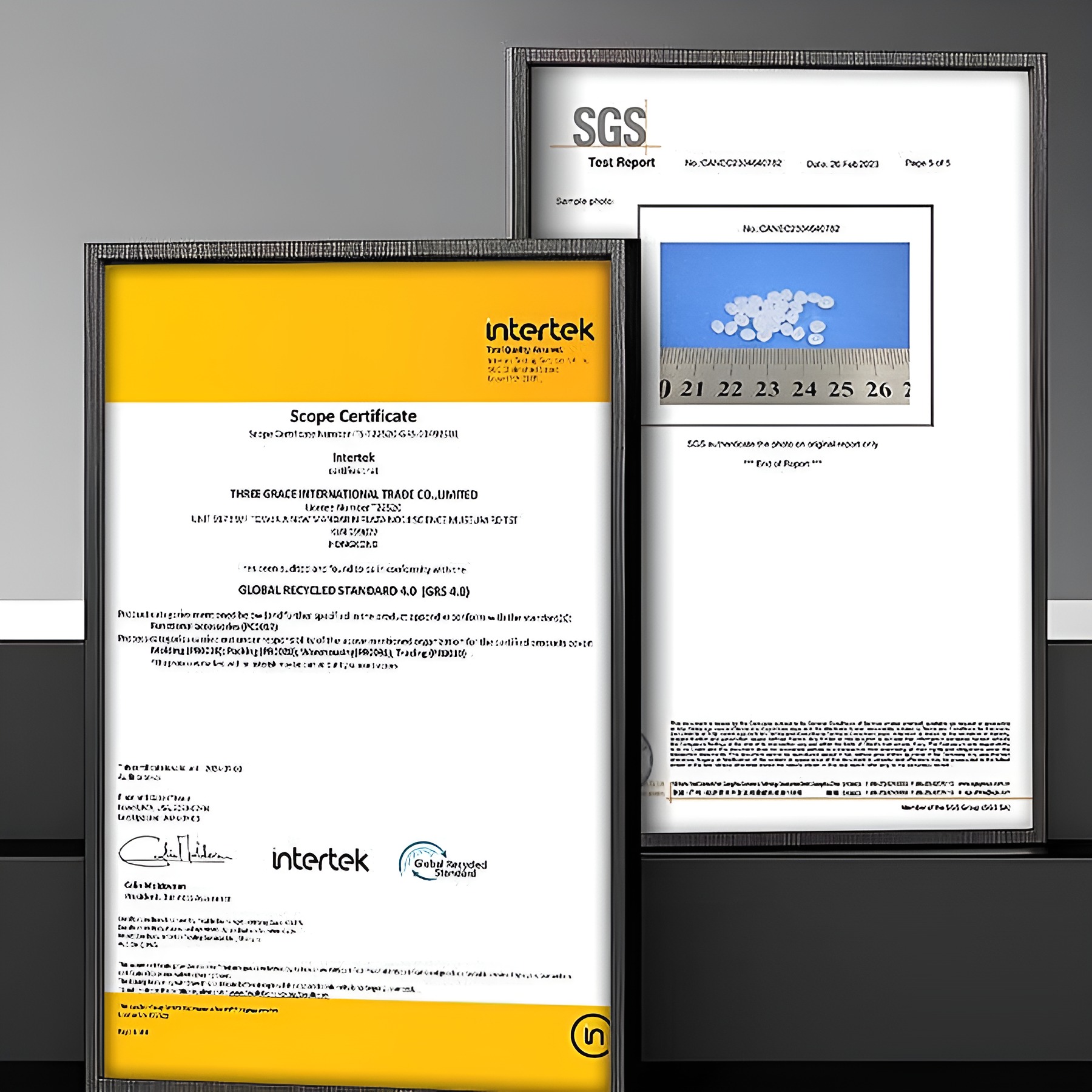 Intertek Global Recycled Standard certificate and SGS test report